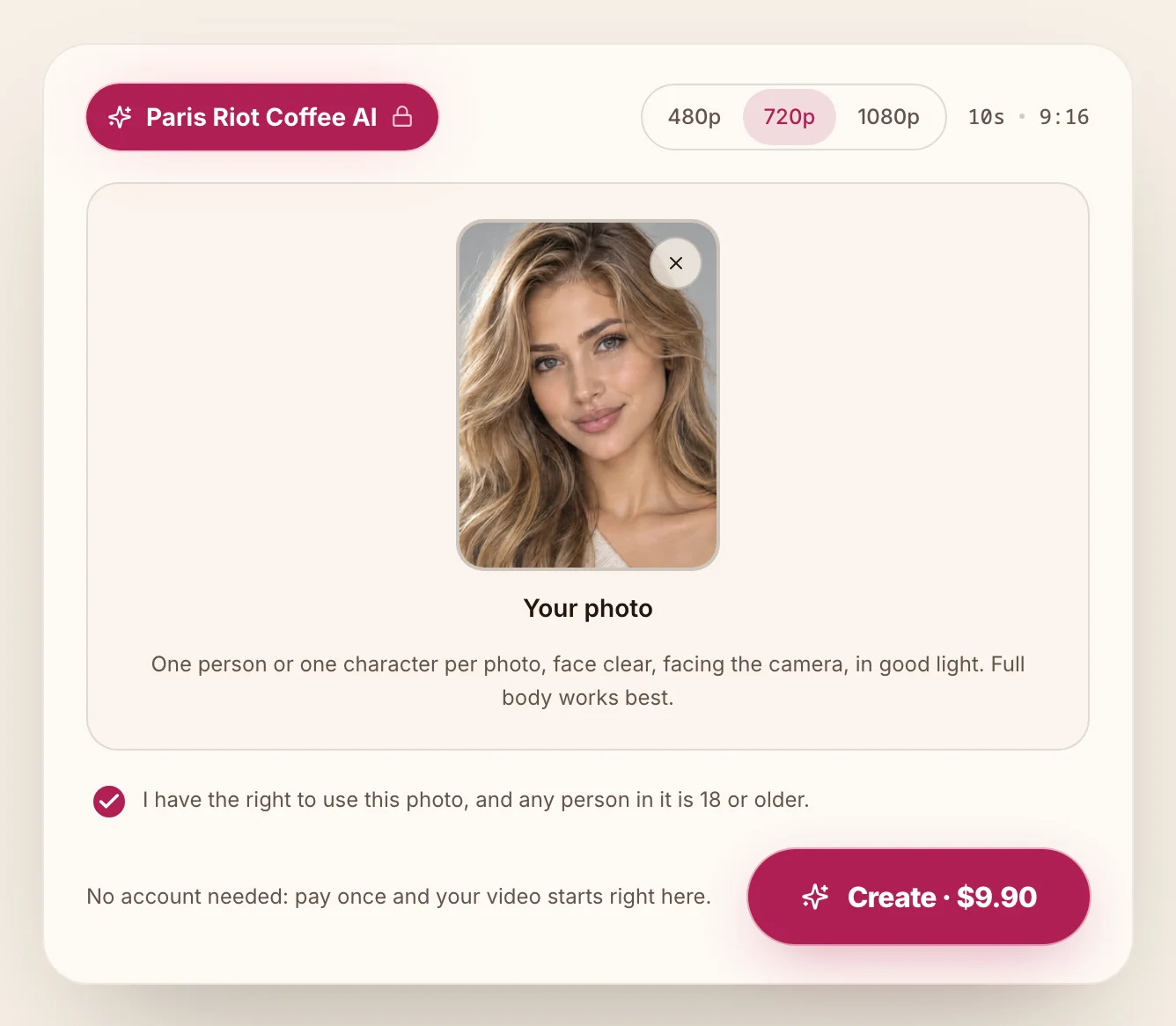 Paris riot coffee AI Step 2 screenshot: the generator with 720p picked on the quality switch and the Create $9.90 button beside the No account needed line