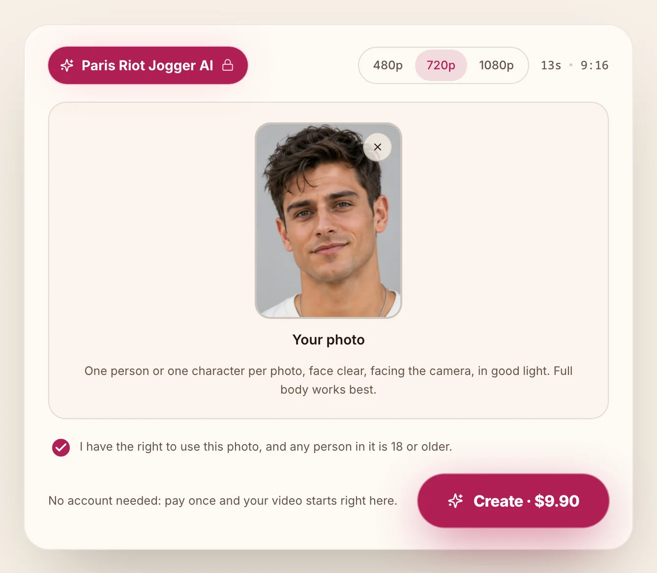 Paris riot jogger AI generator Step 2: the quality switch is set to 720p, and the Create · $9.90 button sits beside the No account needed line