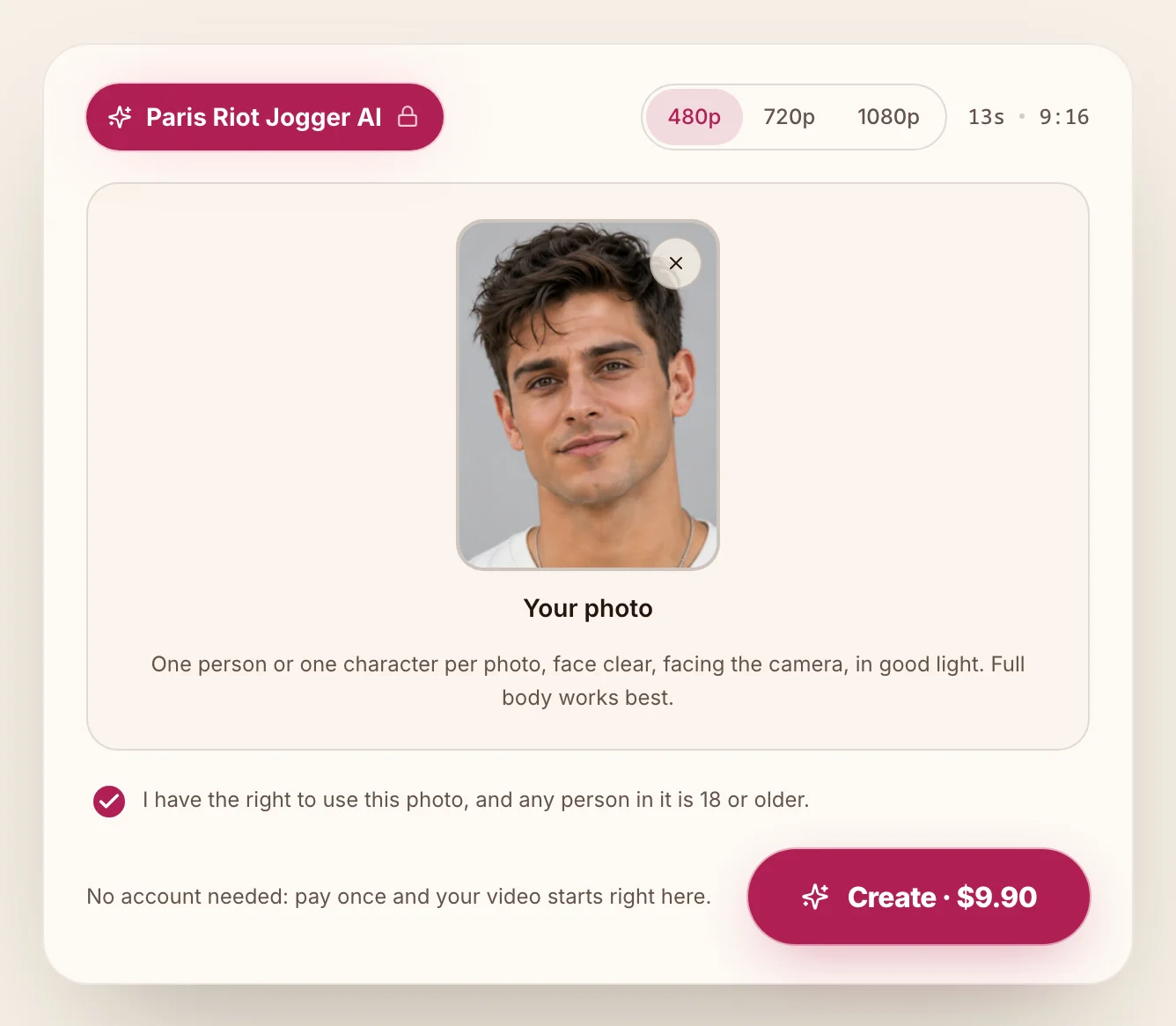 Paris riot jogger AI generator: the signed-out interface showing 480p picked, a close-up photo of an AI-made man in a white T-shirt, a checked consent box, and the Create button