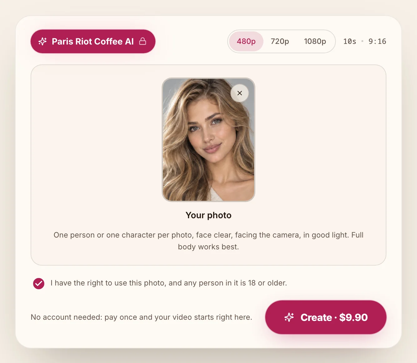 Paris riots 2026 generator: the signed-out Paris Riot Coffee AI screen showing an AI-made woman with long wavy hair in the photo box, quality settings, the ticked consent box and the Create button