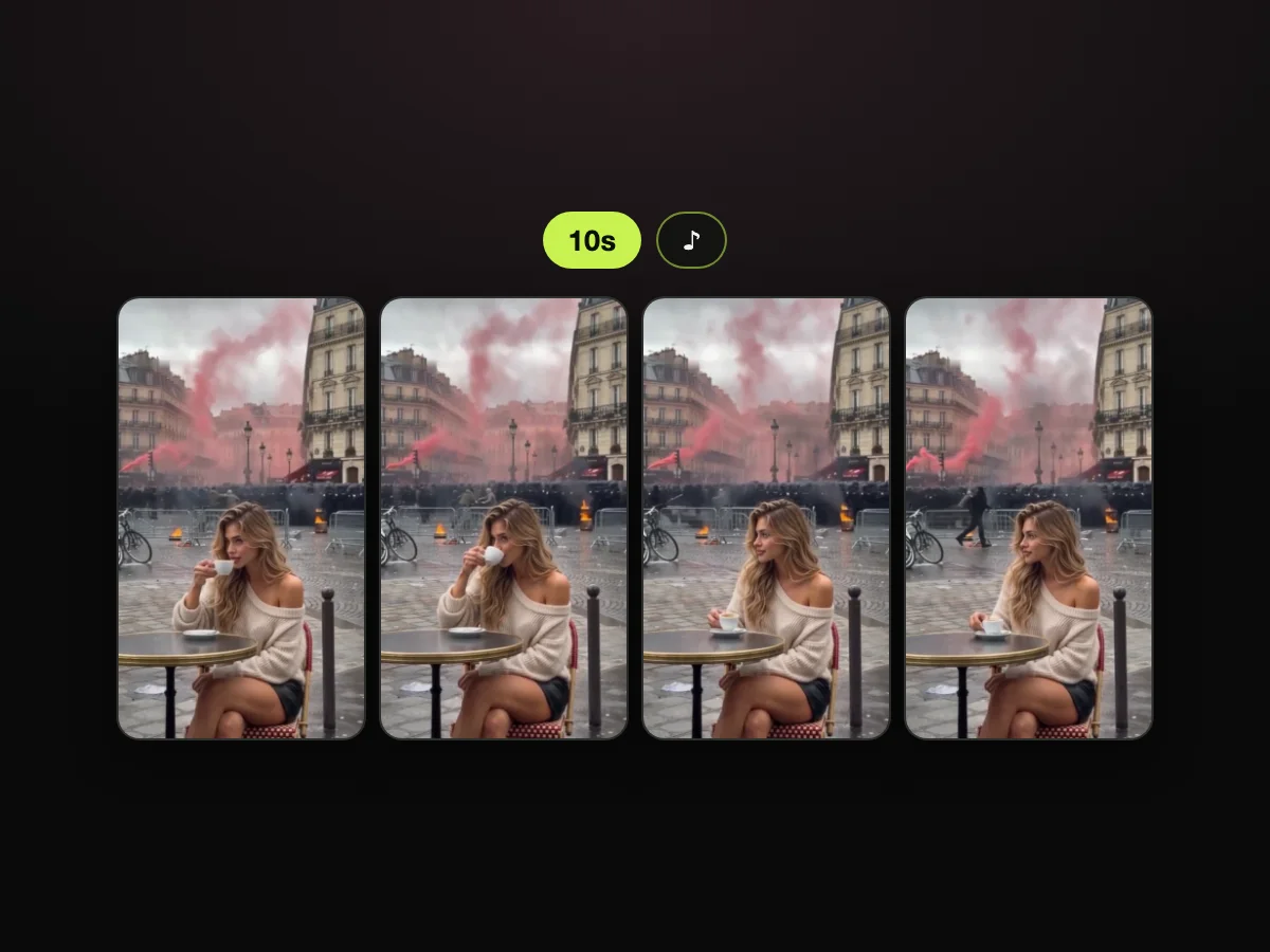 Frames from a Paris riot coffee AI video made on Paris Riot AI