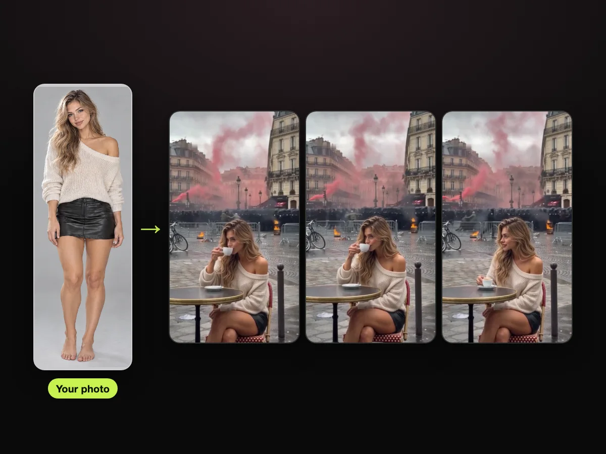 AI character sheet used as the photo, beside frames from a Paris riot coffee AI video made on Paris Riot AI