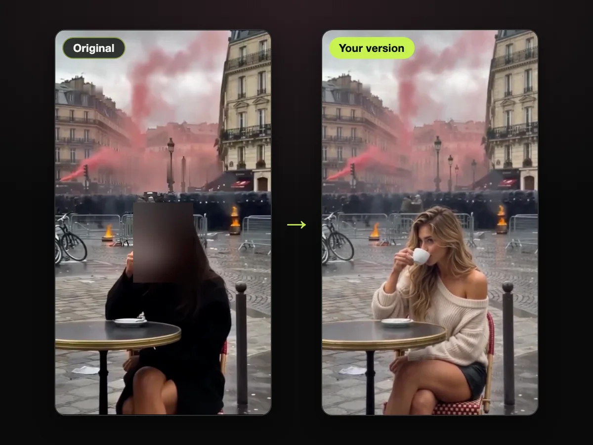 Frame from the viral Paris café clip, beside a frame from a Paris riot coffee AI video made on Paris Riot AI