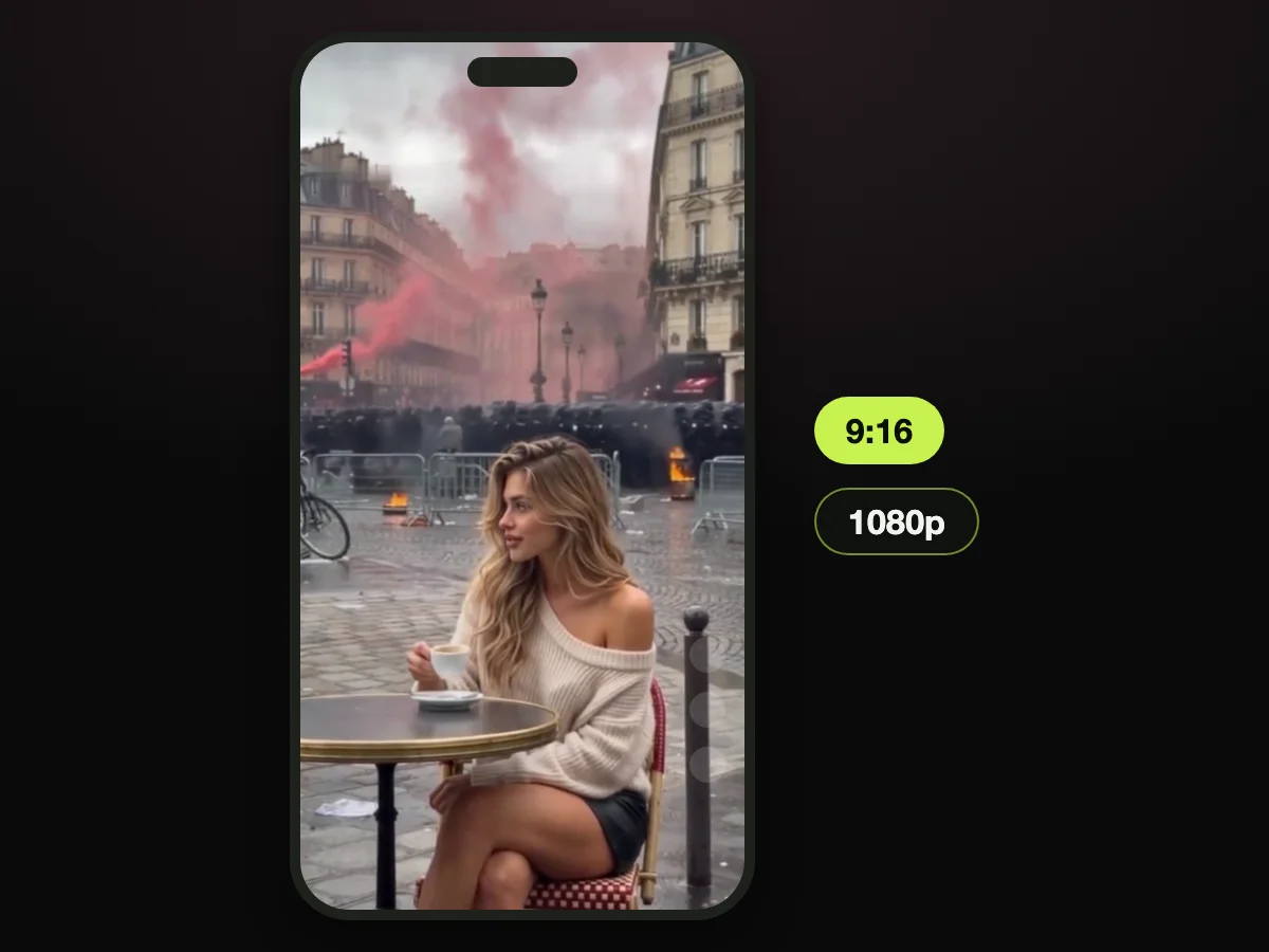 Frame from a Paris riot coffee AI video made on Paris Riot AI, shown as a 9:16 post on a phone