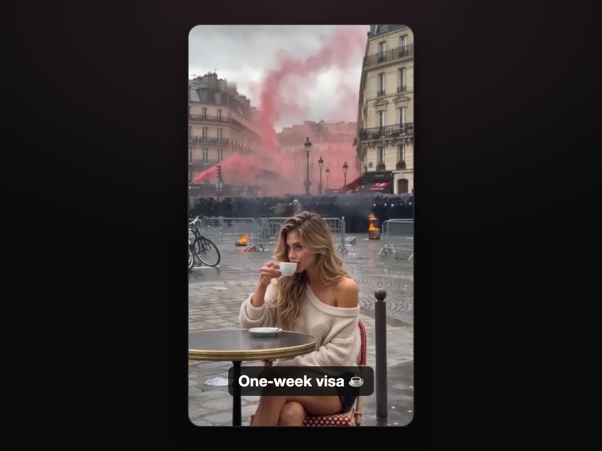 Frame from a Paris riot coffee AI video made on Paris Riot AI, shown as a vertical post with a caption