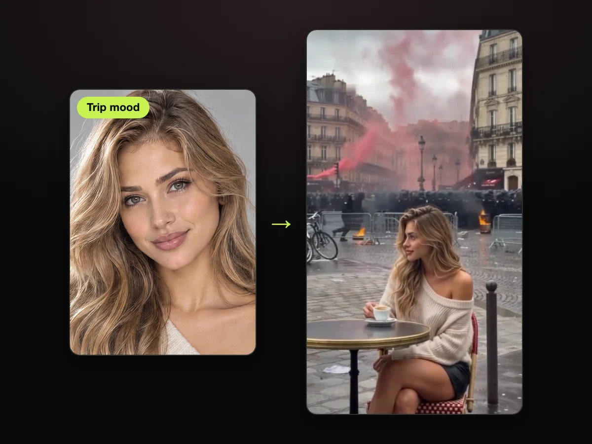 AI character sheet used as the photo, beside a frame from a Paris riot coffee AI video made on Paris Riot AI