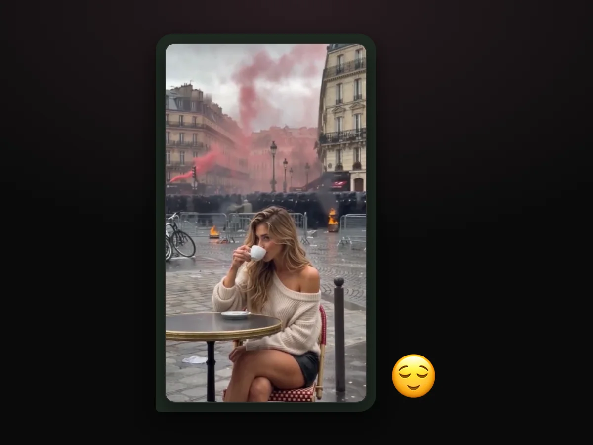 Frame from a Paris riot coffee AI video made on Paris Riot AI, sent in a group chat
