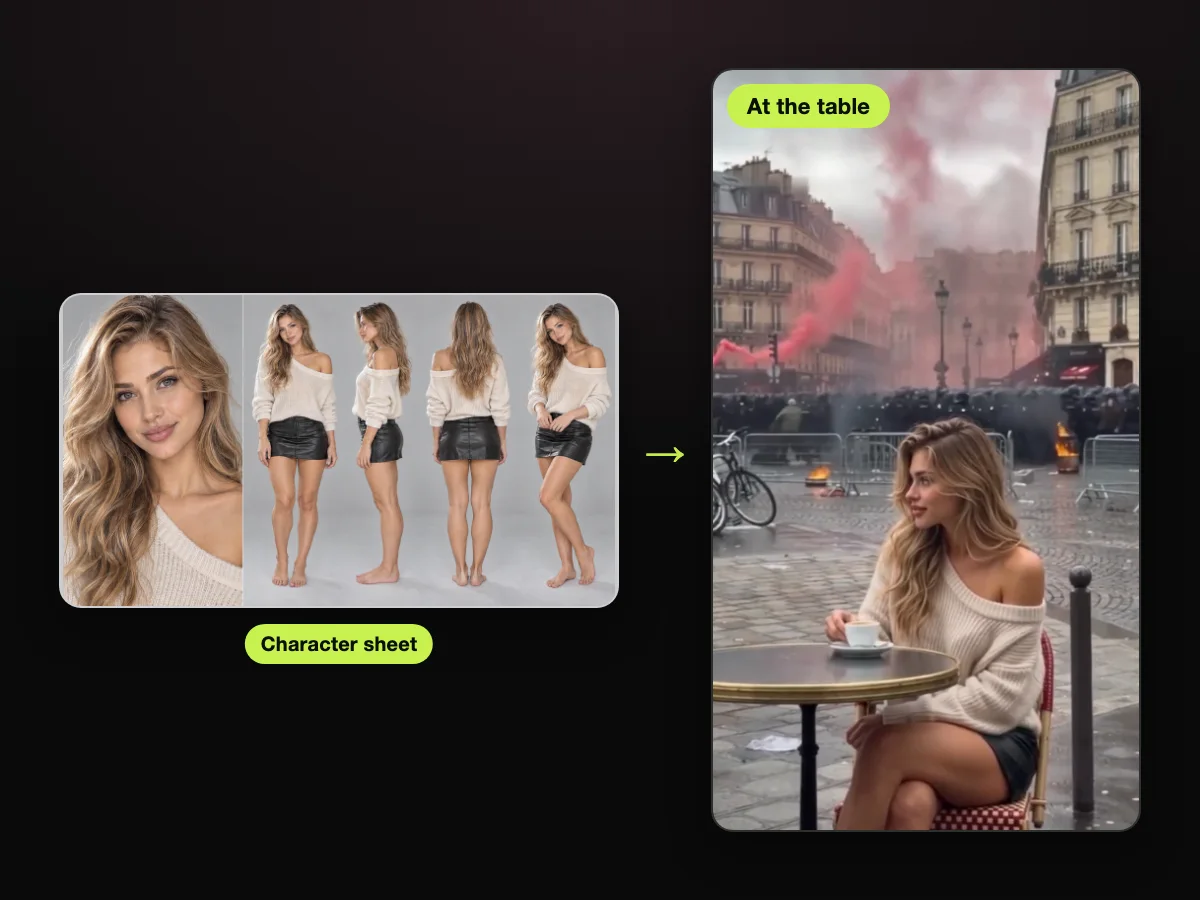 AI character sheet used as the photo, beside a frame from a Paris riot coffee AI video made on Paris Riot AI