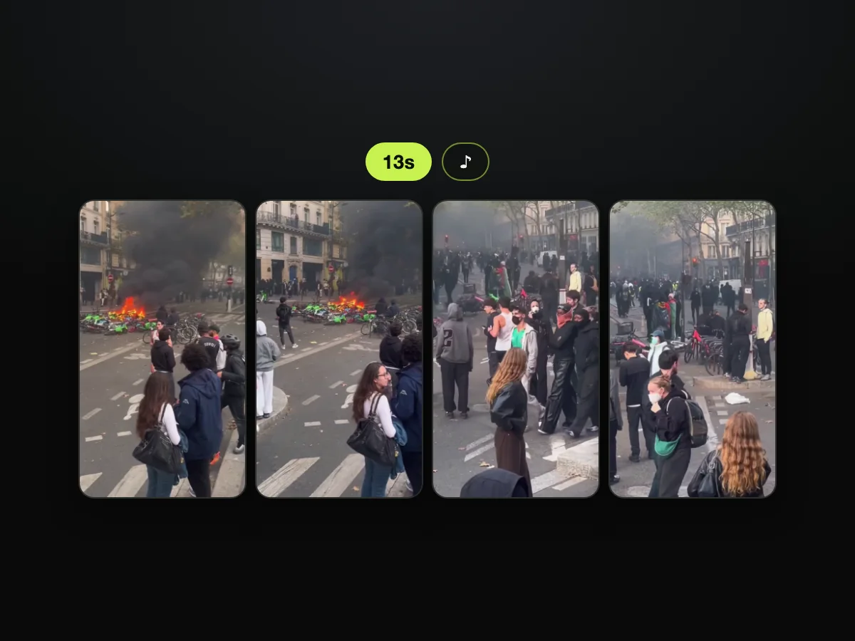 Frames from a Paris riot jogger AI video made on Paris Riot AI