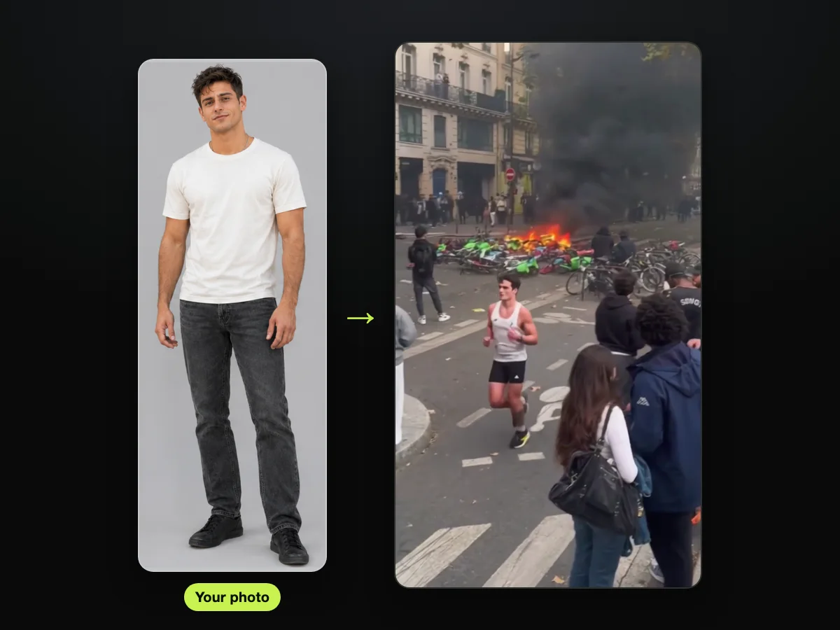 AI character sheet used as the photo, beside a frame from a Paris riot jogger AI video made on Paris Riot AI