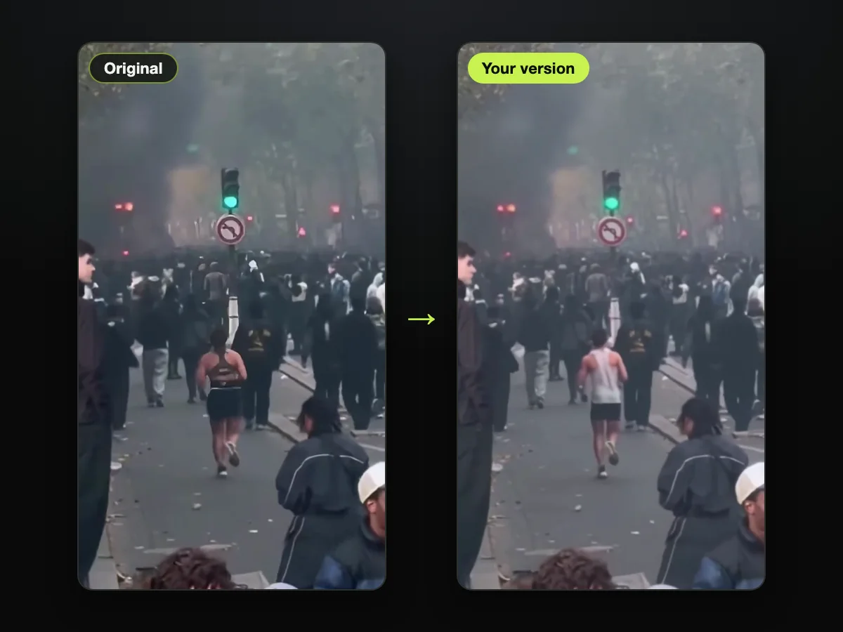 Frame from the original Paris street clip, beside a frame from a Paris riot jogger AI video made on Paris Riot AI
