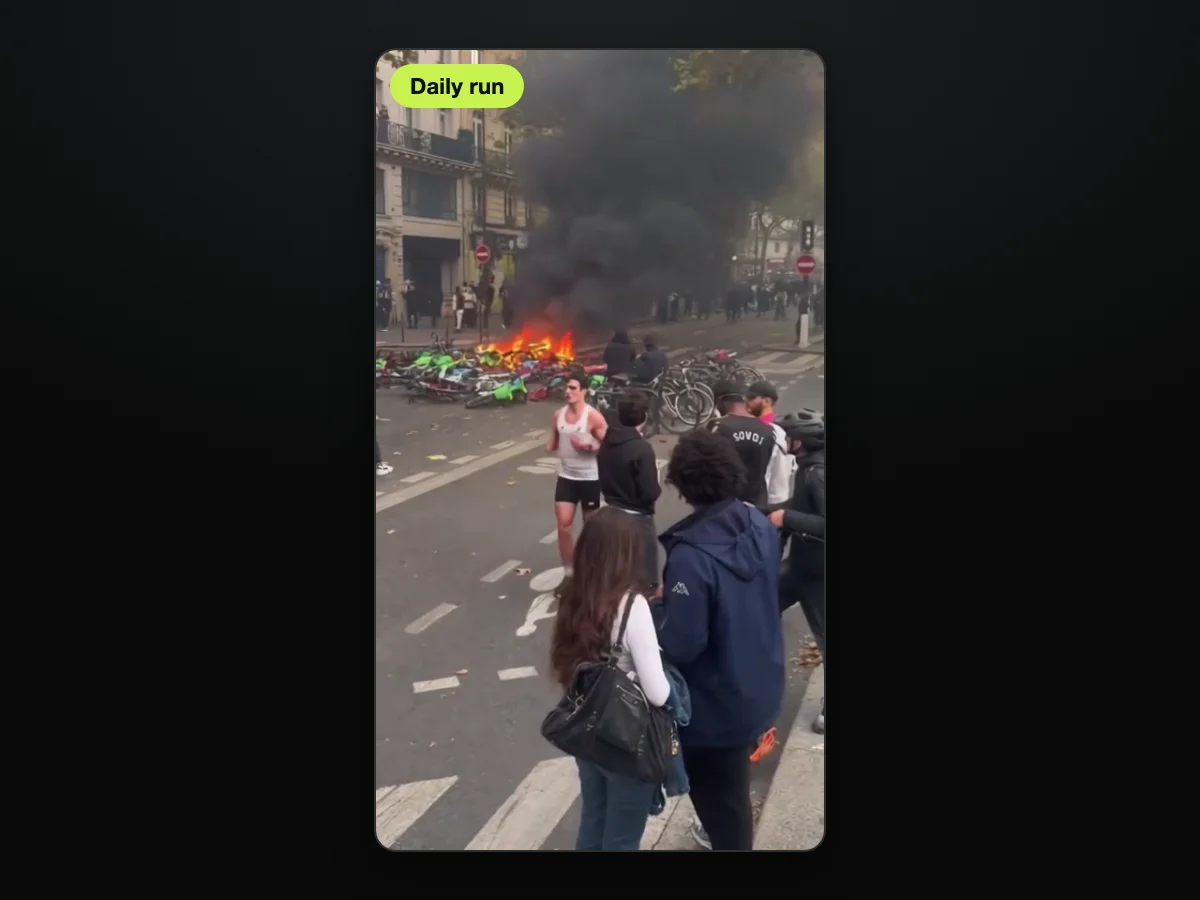 Frame from a Paris riot jogger AI video made on Paris Riot AI