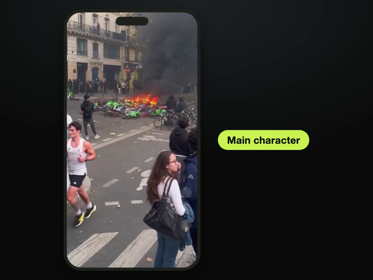 Frame from a Paris riot jogger AI video made on Paris Riot AI, shown as a post on a phone