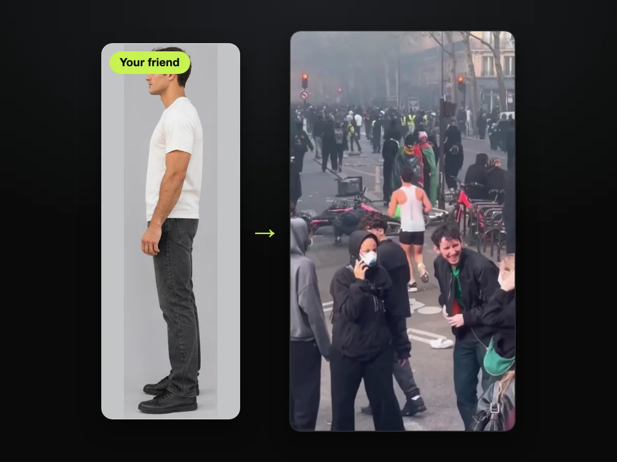 AI character sheet used as the photo, beside a frame from a Paris riot jogger AI video made on Paris Riot AI